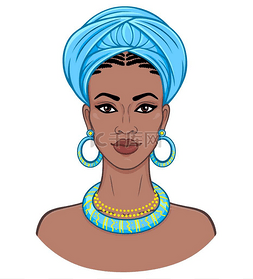 非洲美人。动画肖像的年轻黑人妇