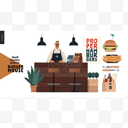 汉堡房.小企业图形.侍者和食品