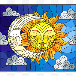 太阳和月亮图片_在彩色玻璃风格、 抽象的太阳和