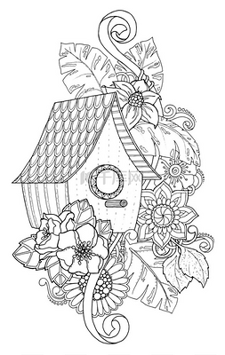 黑色风格海报图片_手绘轮廓嵌套框用花卉点缀装饰。