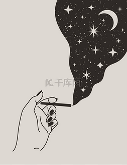 神秘的女性手拿着香烟与月亮和星