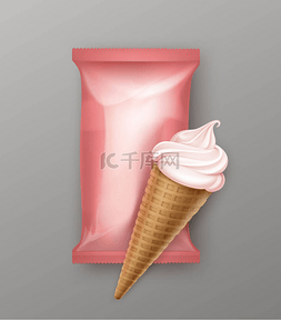 华夫饼格纹图片_浆果软服务冰淇淋华夫与粉红色塑