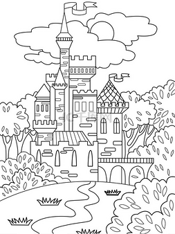 城堡森林背景图片_在森林里的孩子彩色图片城堡。这