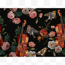古典服装图案图片_刺绣小提琴, 花鸟花图案