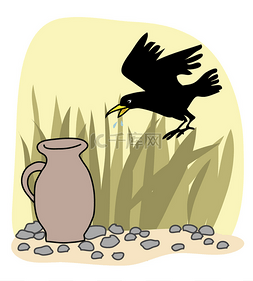 黑乌鸦和水壶伊索寓言矢量