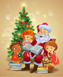 矢量圣诞老人插画图片_圣诞老人读书给孩子