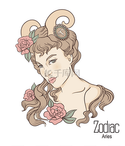 Zodiac. Vector illustration of Aries as girl 