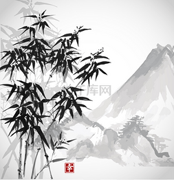 水墨山图片_卡山与竹