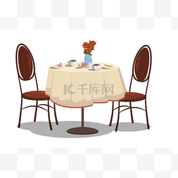 现代餐厅桌上有桌布、咖啡杯、鲜