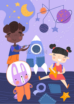 五颜六色星星图片_两个年幼的孩子玩宇宙飞船，星星