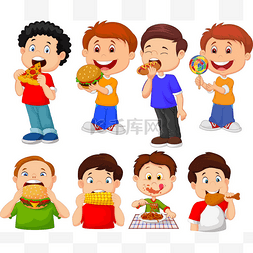 卡通吃西瓜的孩童插图图片_收集的卡通小男孩吃快餐
