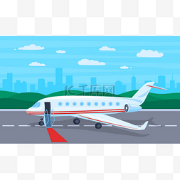 跑道上的飞机图片_卡通彩色商务喷气式概念平面设计