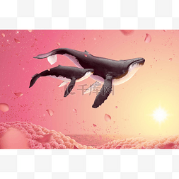 游泳图片_驼背鲸在浪漫的花田里游泳的超现