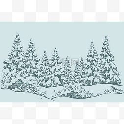 速写风格图片_ 矢量速写。冬天的森林地貌与冰