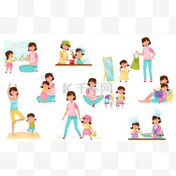 妈妈和女儿做瑜伽、烘焙、阅读书