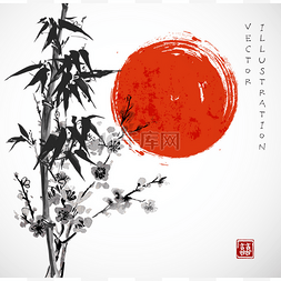 日本水墨画图片_竹树和樱花 