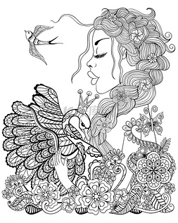 Forest fairy with wreath on head hugging swan