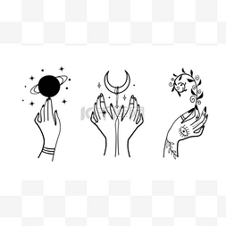 一个女巫图片_一组图标与手，行星，新月，星星