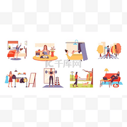 routine图片_Woman daily routine. Girl everyday life scene