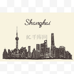 sketch矢量图片_Shanghai skyline vector engraved drawn sketch