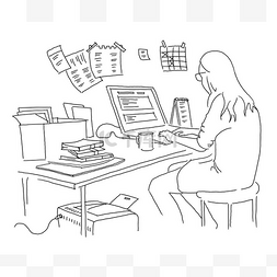 笔记本电脑矢量图片_那个女孩正在餐桌上画画。