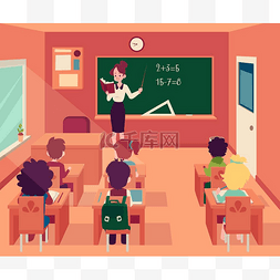 女人站在教室的黑板上，孩子们坐