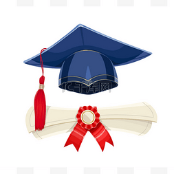 蓝色的 academicic 毕业帽和文凭滚动