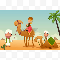 女游客骑着骆驼在沙漠中