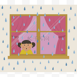 小女孩侧面图片_在雨天有粉红色窗帘的窗口。房间