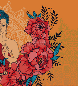 生日贺卡图片_佛陀在冥想神奇的曼陀罗和牡丹框