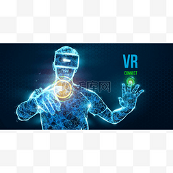 Vr耳机全息图低多线框矢量横幅。