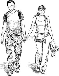 年轻的夫妇在步行