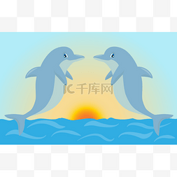 in可爱图片_Pair of cute cartoon dolphins playing in the 