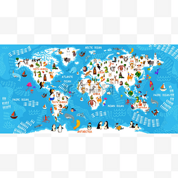 卡通动物世界地图。来自世界各地