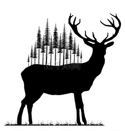 鹿和冷杉树的剪影在他的背上