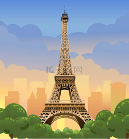 巴黎的埃菲尔铁塔日落在香榭丽舍