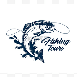 钓鱼比赛素材图片_矢量钓鱼游览标志与鲑鱼鱼，钓鱼