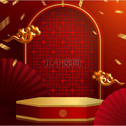 中秋节背景红图片_3D中秋节、中秋节、红剪纸、扇子