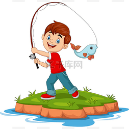 钓鱼的男孩图片_卡通人物快乐男孩钓鱼的矢量图解