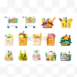 卡通面包篮子图片_采购篮子和购物袋套。装满蔬菜和