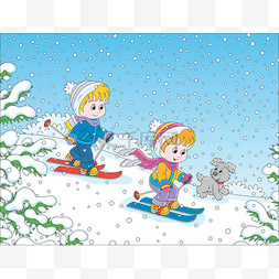 孩子们在雪地覆盖的冬季公园里滑