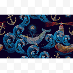 刺绣鲸和锚, 灯塔, 海浪和小船无