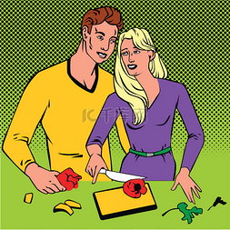 Couple cooking together  pop art comics retro