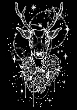 手绘的时尚矢量插图, 与鹿和牡丹