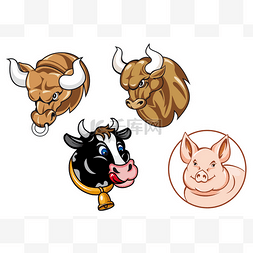 卡通人头公牛、 母牛和猪的