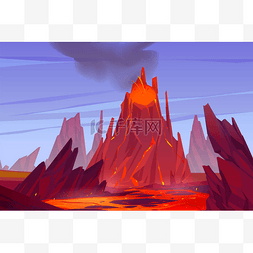熔岩、火和烟的火山喷发
