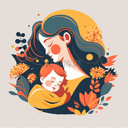 妈妈抱着宝宝在花朵的背景上，快