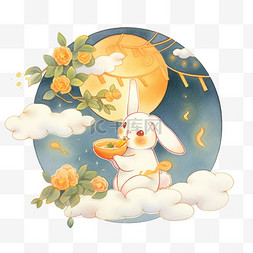 赏月手绘中秋节可爱的兔子吃着月