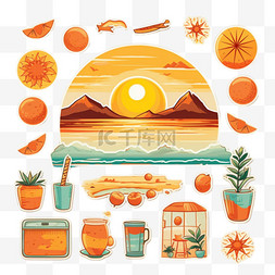 橙色夏日日落矢量贴纸可爱涂鸦套