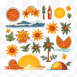 橙色卡通太阳图片_橙色夏日日落矢量贴纸可爱涂鸦套